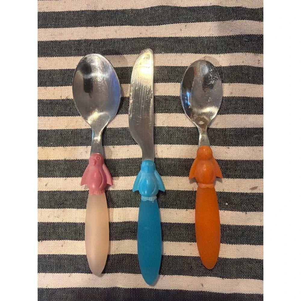 Jean Dubost Vintage Penguin Kids Flatware Set 4pc Multicolor Cutlery